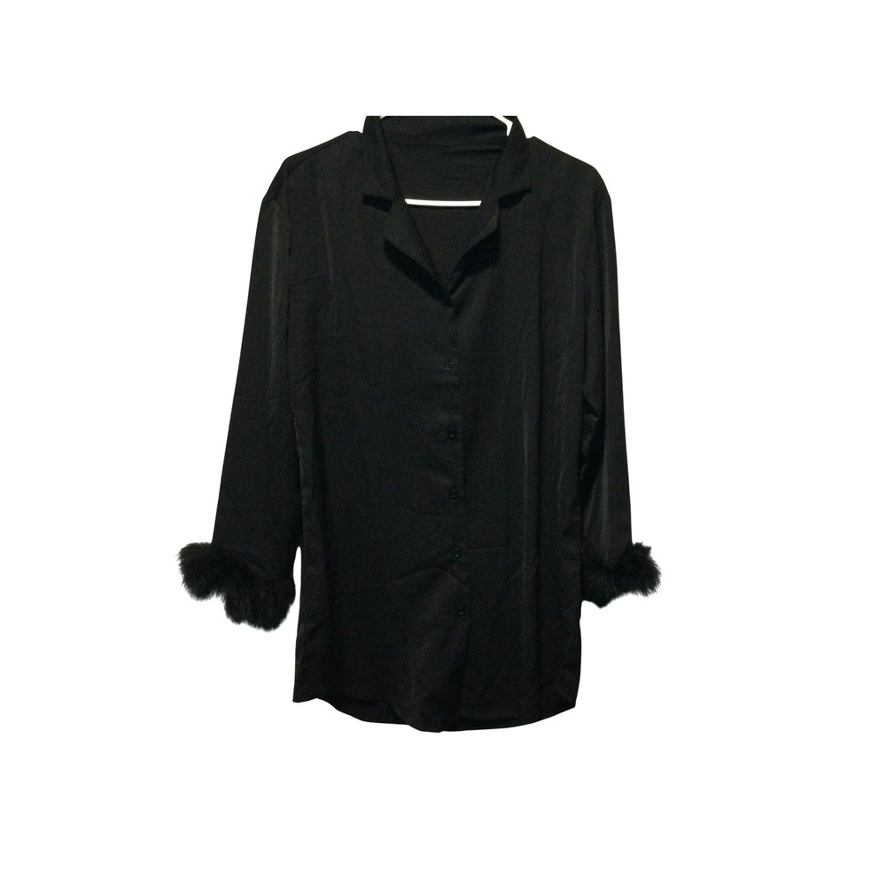 Black Long Sleeve Button Down Shirt Top with Faux Fur Cuffs Women's‎ siize S